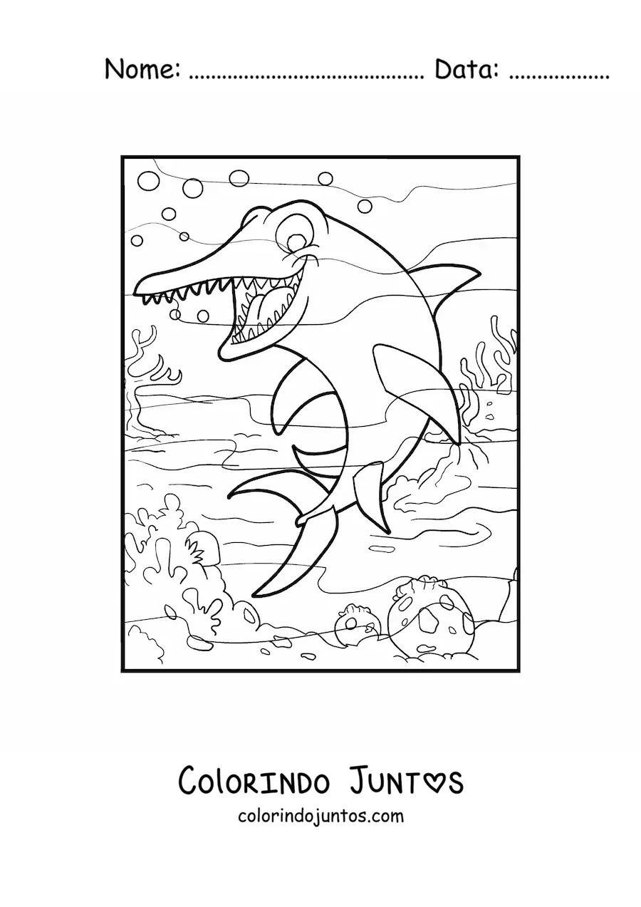 Desenho para colorir de dinossauro aquático animado em seu habitat