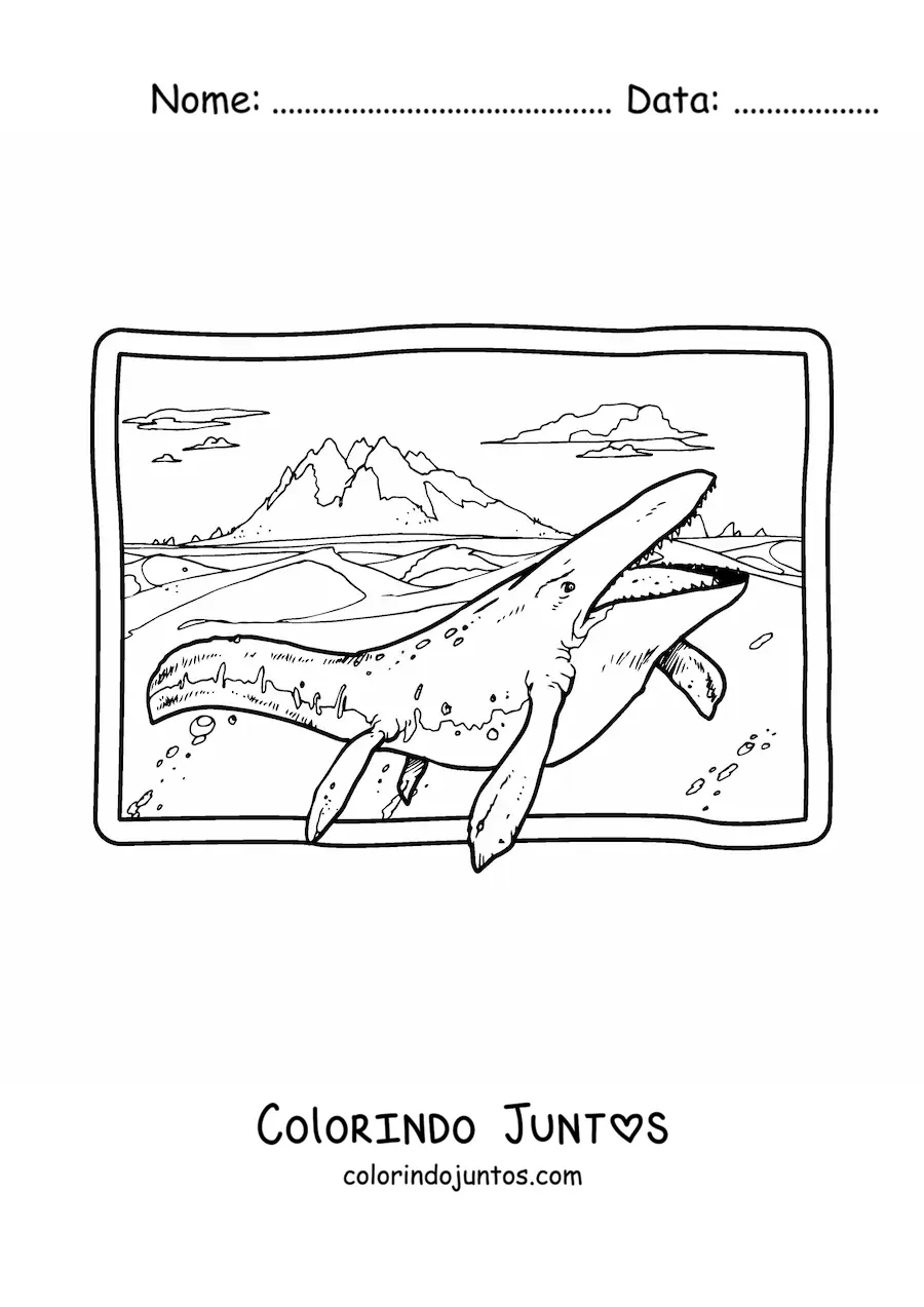 Desenho para colorir de mosassauro realista em seu habitat