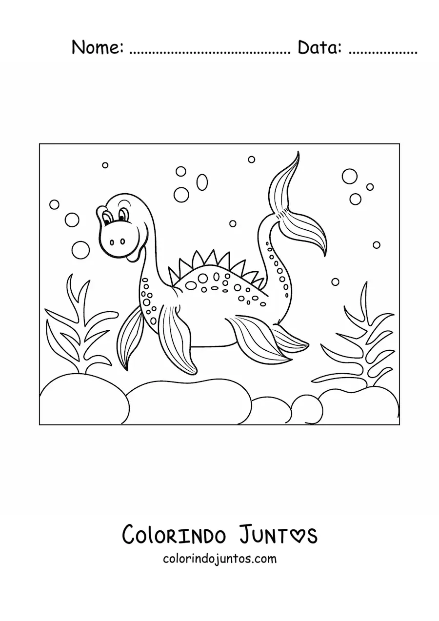 Desenho para colorir de dinossauro marinho animado no mar