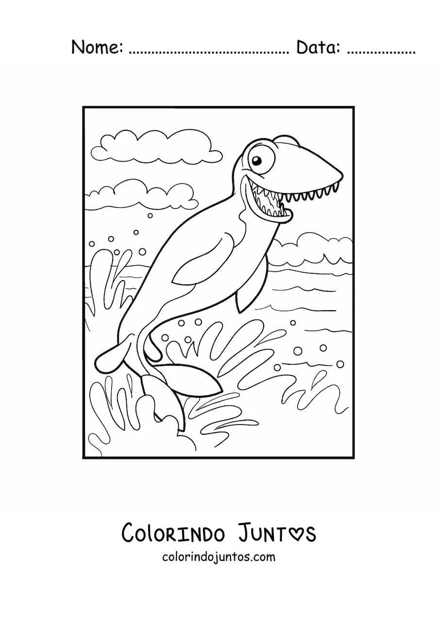 Desenho para colorir de dinossauro marinho animado nadando