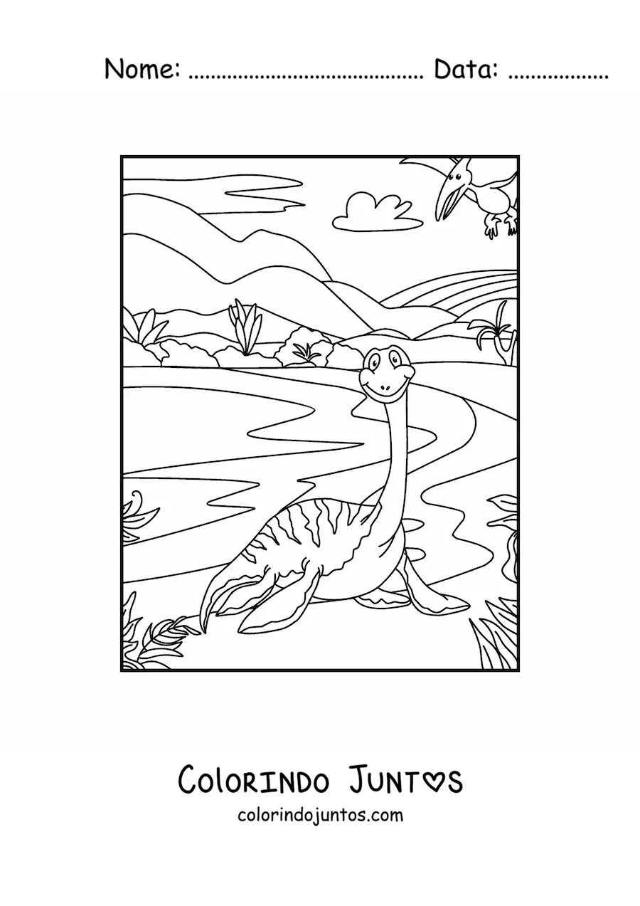 Desenho para colorir de dinossauro aquático de pescoço longo animado em seu habitat