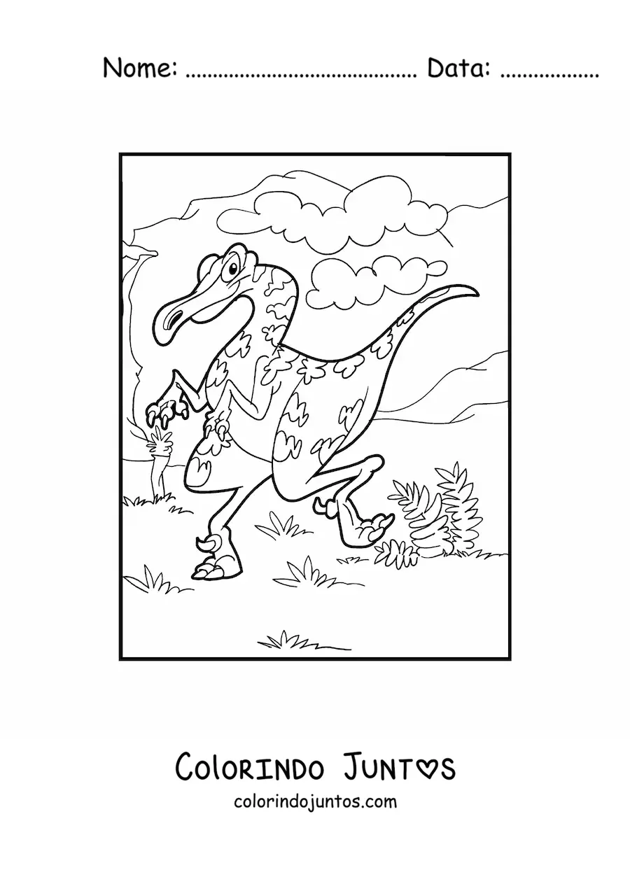 Desenho para colorir de dinossauro terrestre bípede em seu habitat