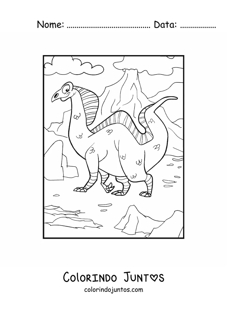 Desenho para colorir de dinossauro terrestre grande em frente a um vulcão