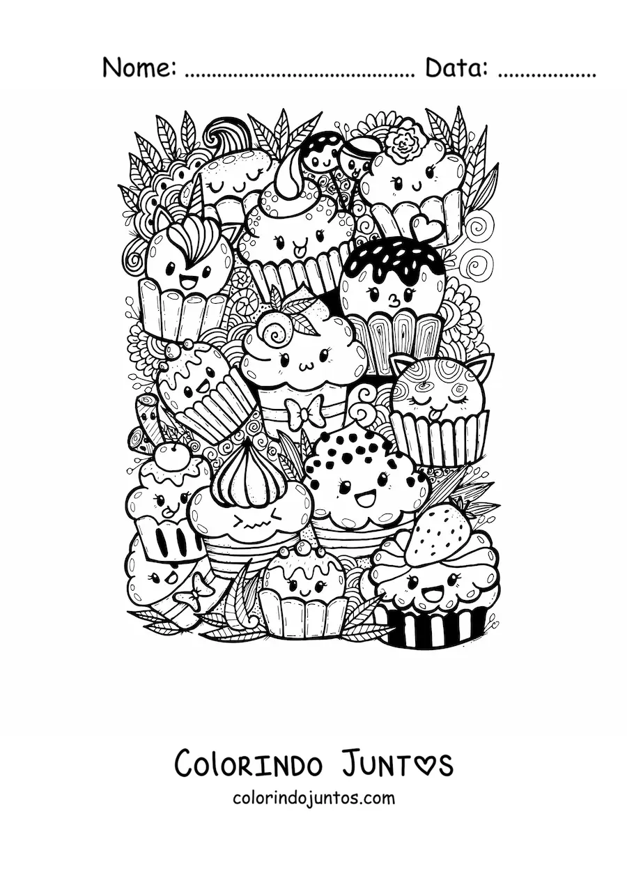Desenho para colorir de cupcakes kawaii com folhas e flores