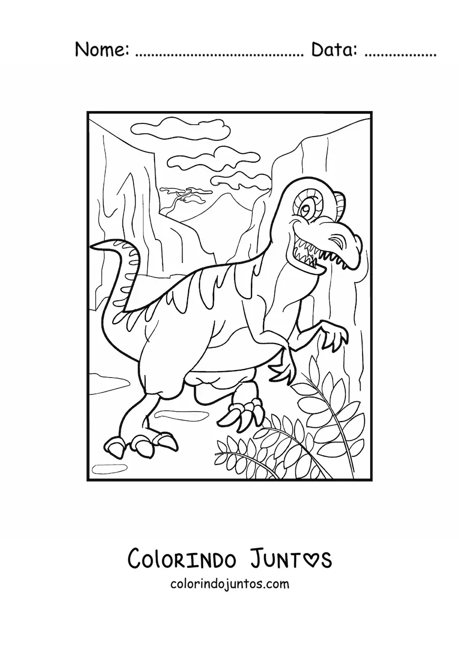 Desenho para colorir de dinossauro terrestre animado em um cânion