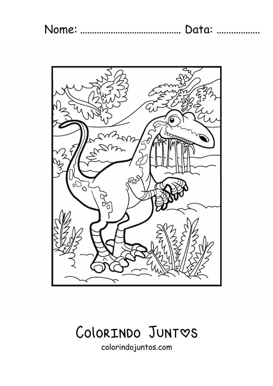 Desenho para colorir de dinossauro terrestre bípede na selva