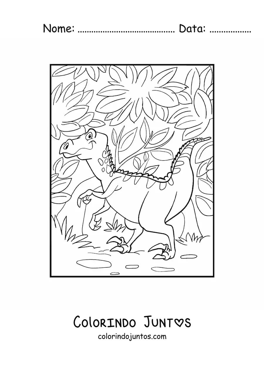 Desenho para colorir de dinossauro terrestre caminhando na selva
