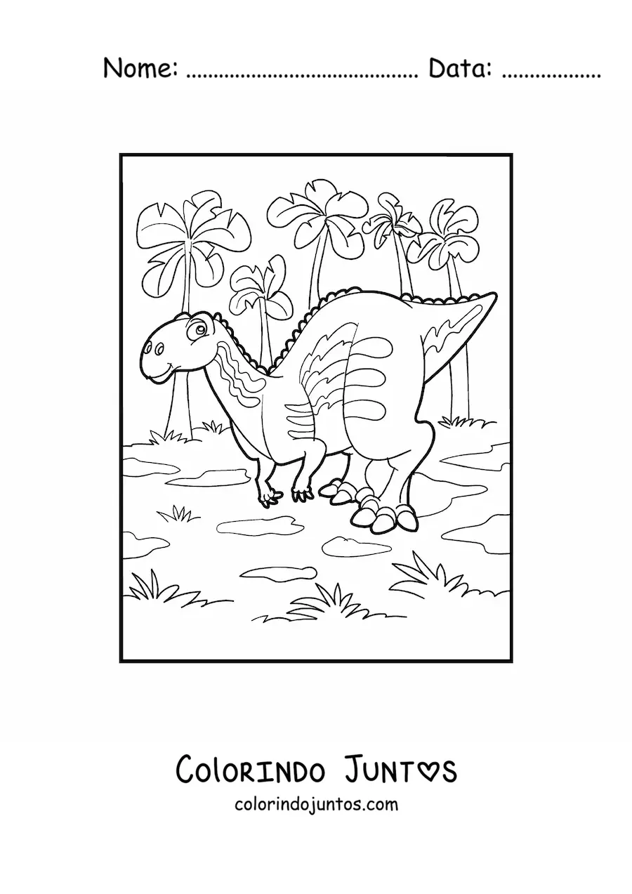Desenho para colorir de dinossauro terrestre com palmeiras