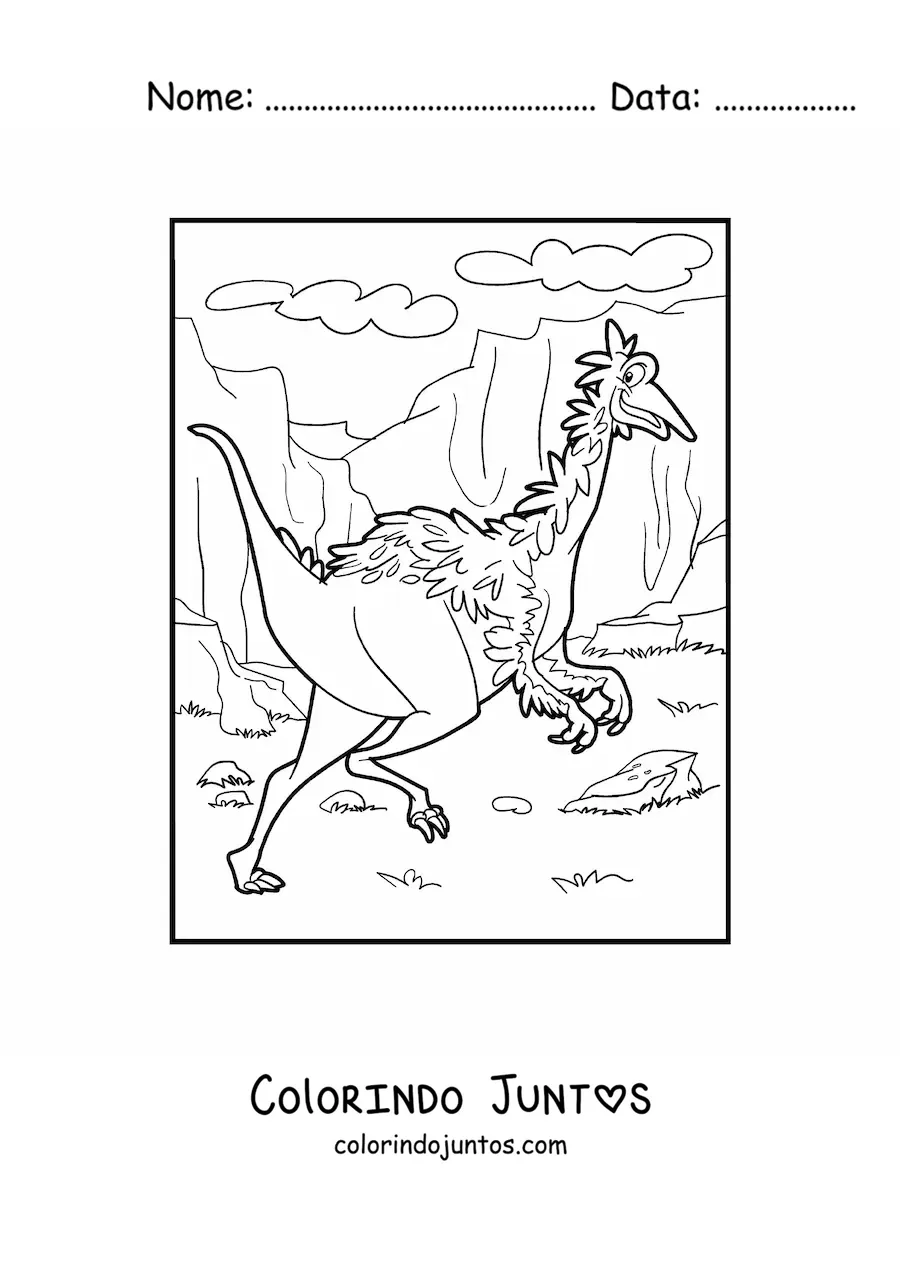 Desenho para colorir de dinossauro terrestre com penas em um cânion