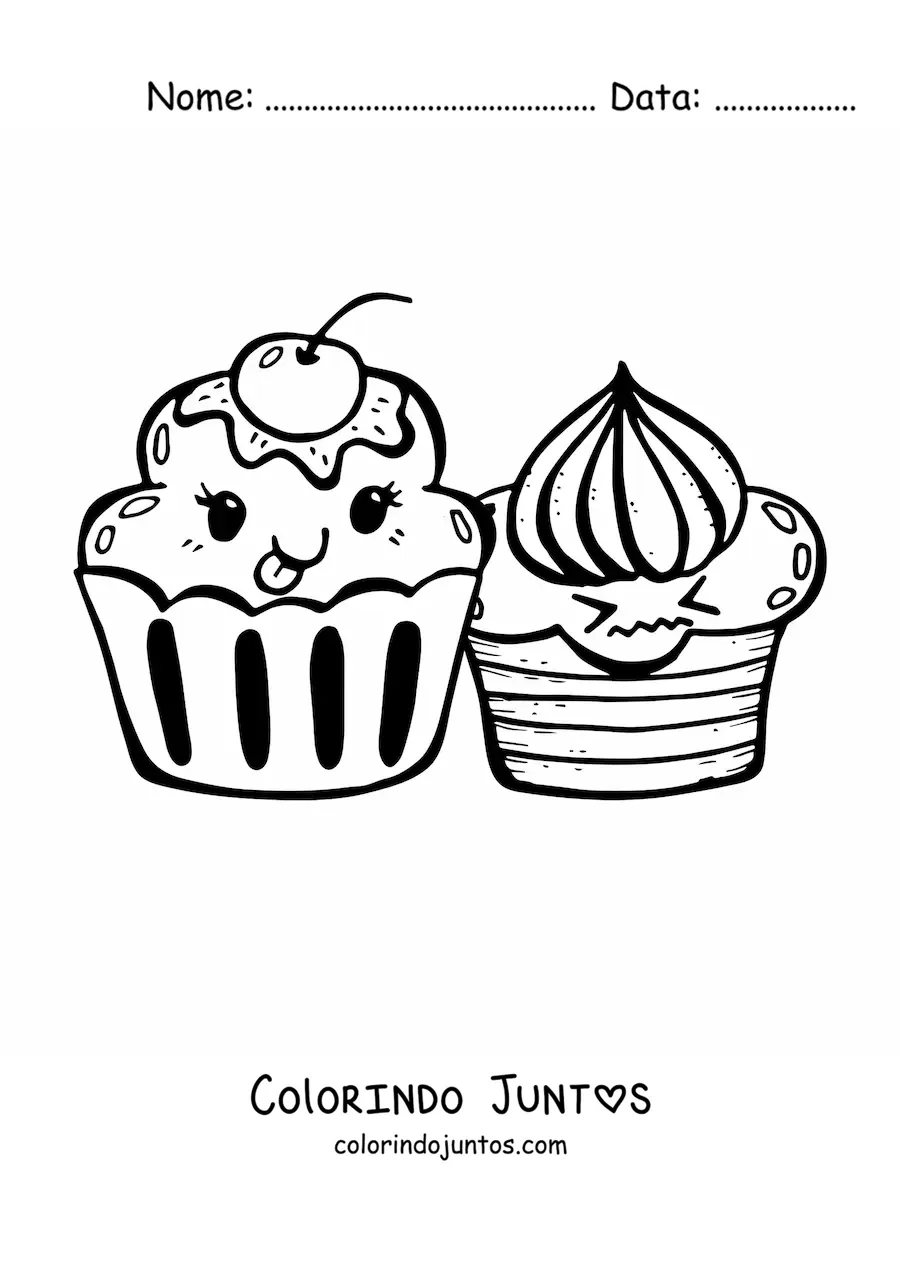 Desenho para colorir de dois cupcakes kawaii