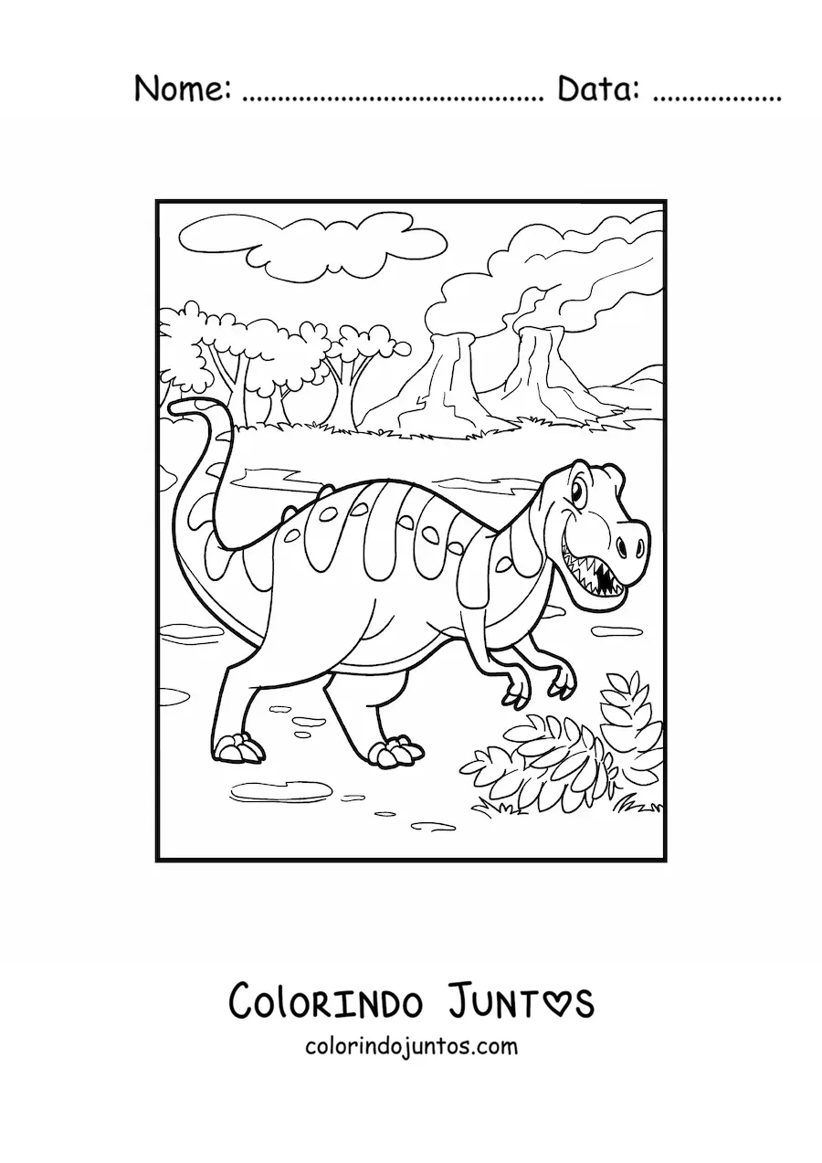 Desenho para colorir de dinossauro terrestre com paisagem jurássica