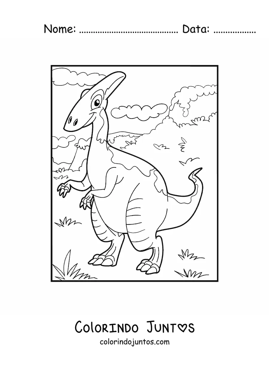 Desenho para colorir de dinossauro terrestre animado em uma paisagem natural