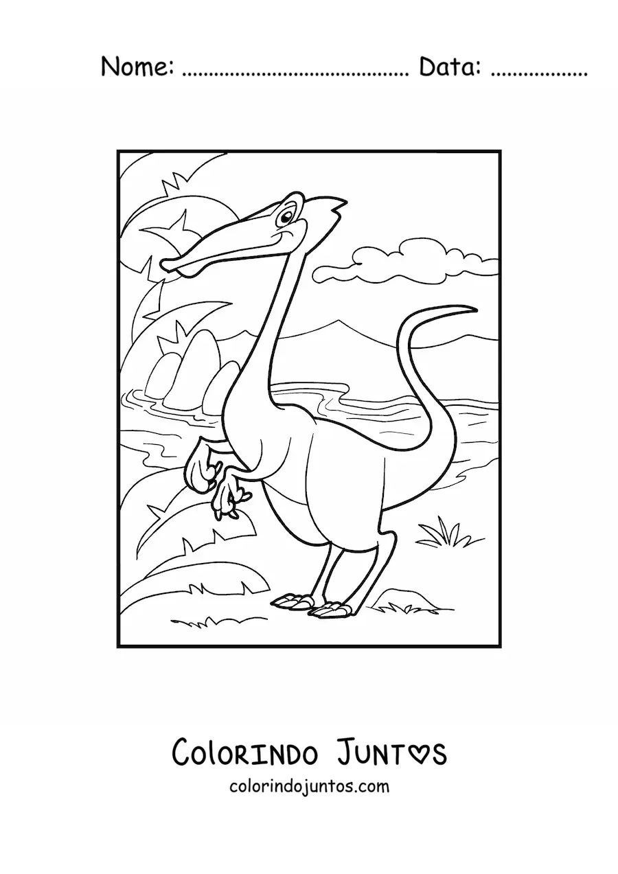 Desenho para colorir de dinossauro terrestre bípede ao lado de um rio