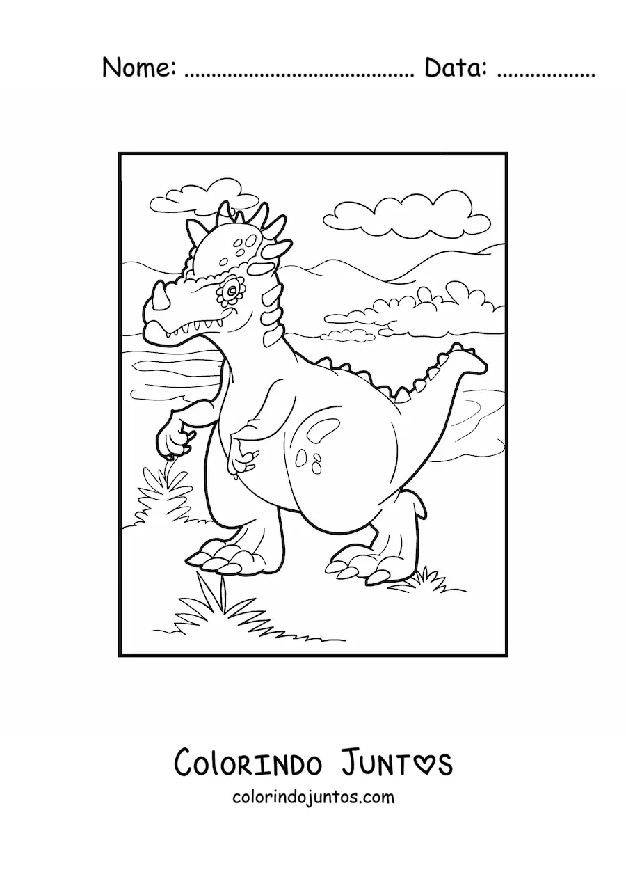 Desenho para colorir de dinossauro terrestre pequeno caminhando em seu habitat