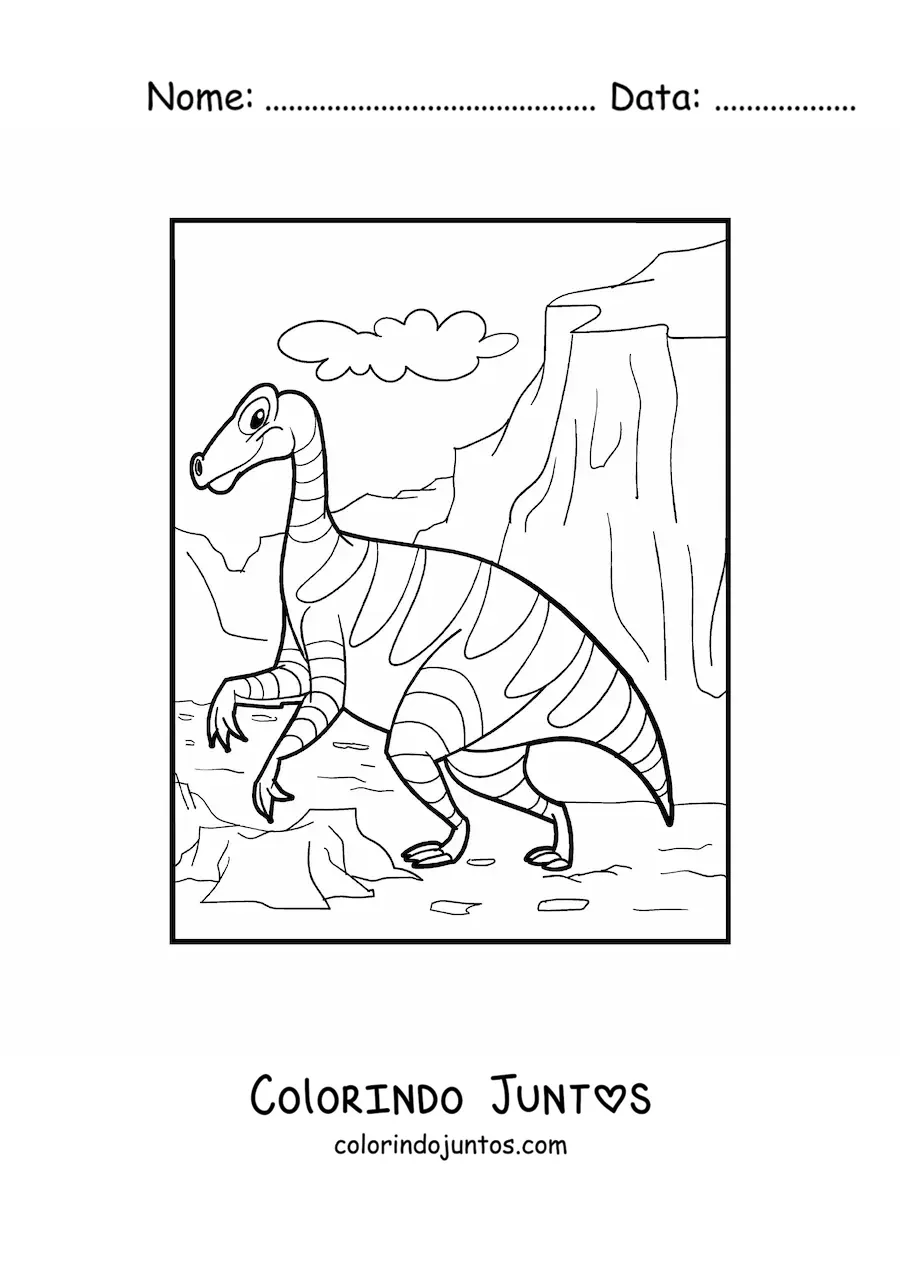 Desenho para colorir de dinossauro terrestre grande caminhando em seu habitat