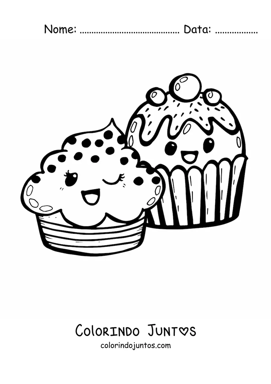 Desenho para colorir de dois cupcakes kawaii