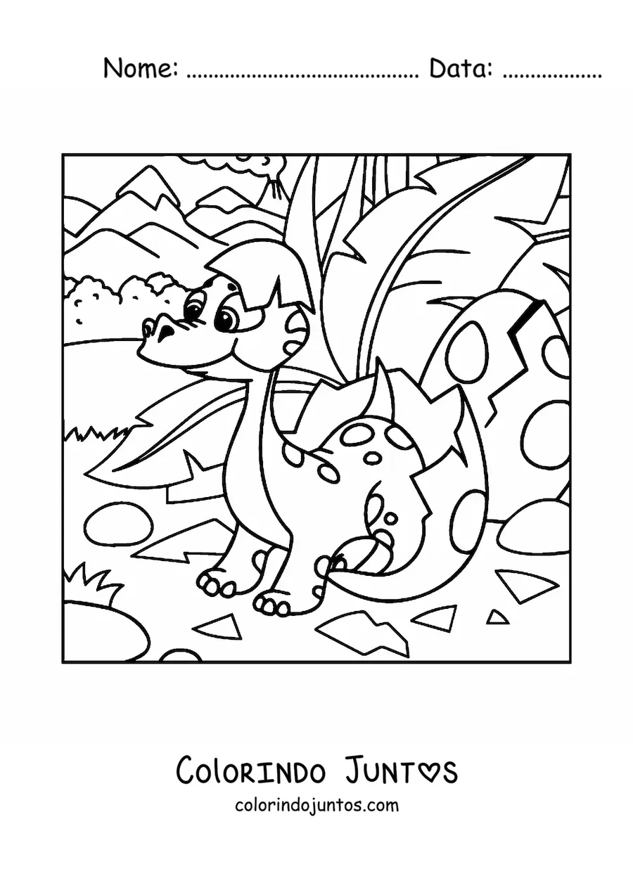 Desenho para colorir de dinossauro bebê animado saindo do ovo na selva