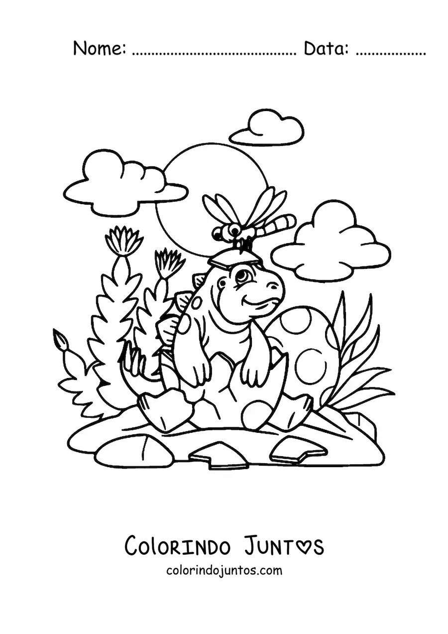 Desenho para colorir de dinossauro bebê animado saindo do ovo