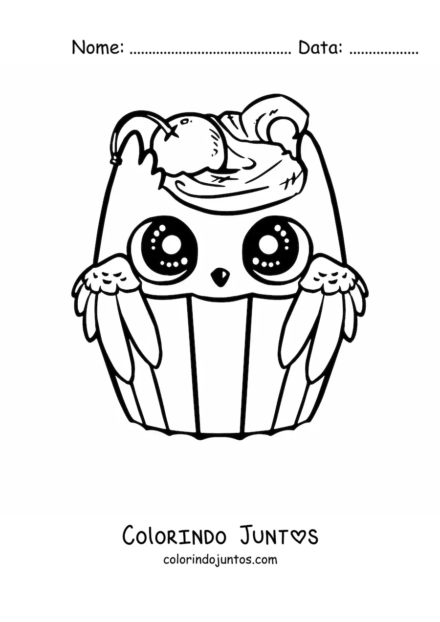Desenho para colorir de um cupcake de coruja kawaii com uma cereja