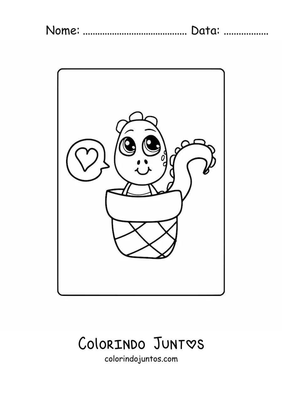 Desenho para colorir de dinossauro bebê kawaii em uma cesta