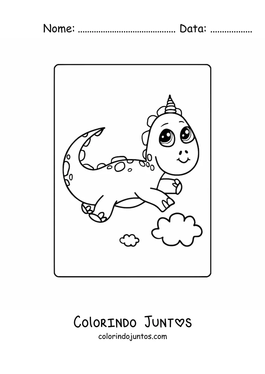 Desenho para colorir de dinossauro bebê kawaii com chifre de unicórnio