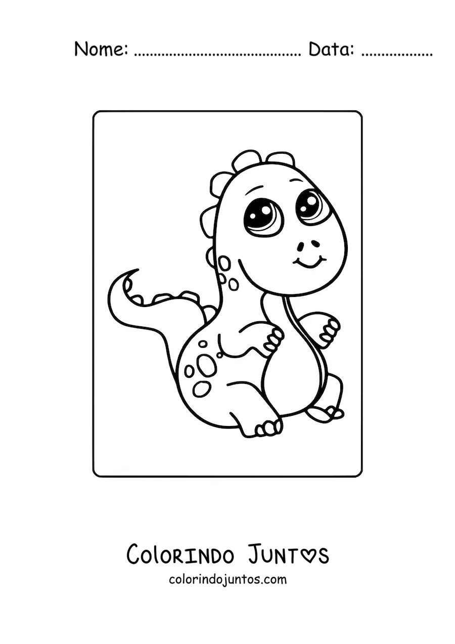 Desenho para colorir de dinossauro bebê kawaii sentado sorrindo