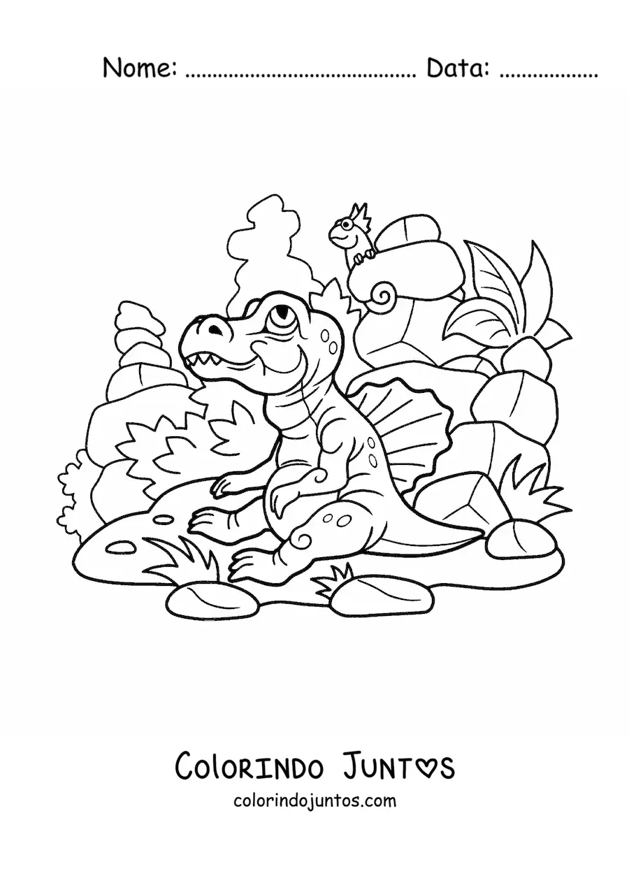 Desenho para colorir de dinossauro bebê carnívoro em seu habitat