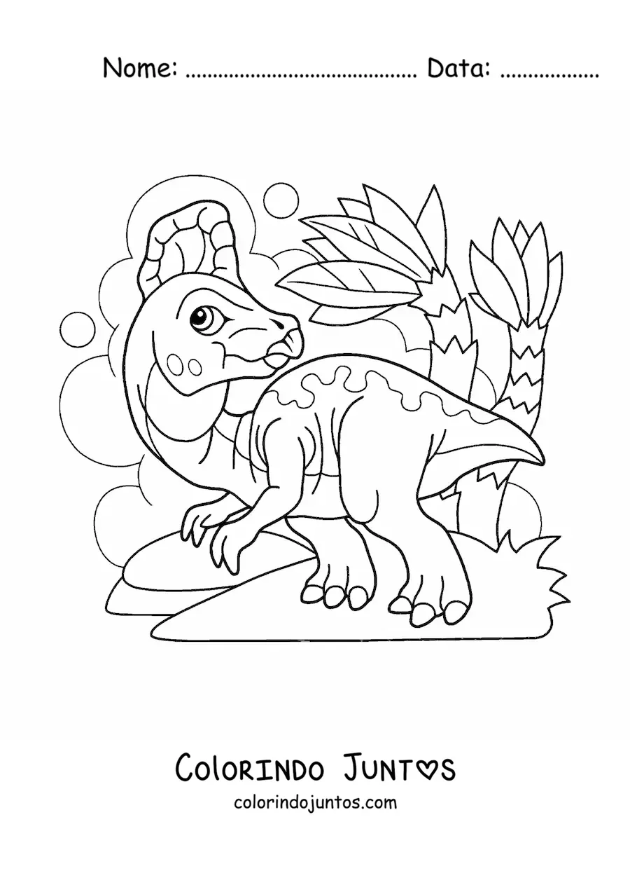 Desenho para colorir de dinossauro bebê caminhando em seu habitat