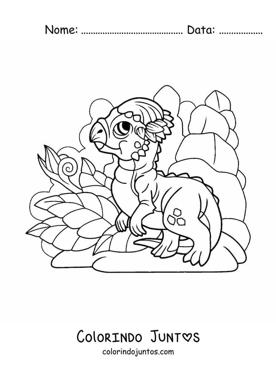 Desenho para colorir de dinossauro bebê herbívoro em seu habitat
