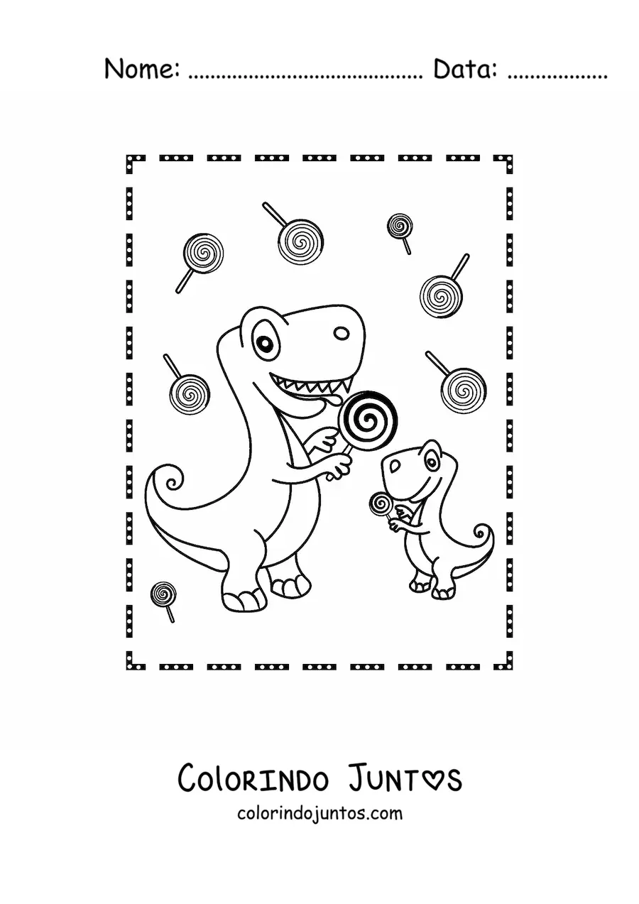 Desenho para colorir de dinossauro bebê animado comendo doces com a mamãe