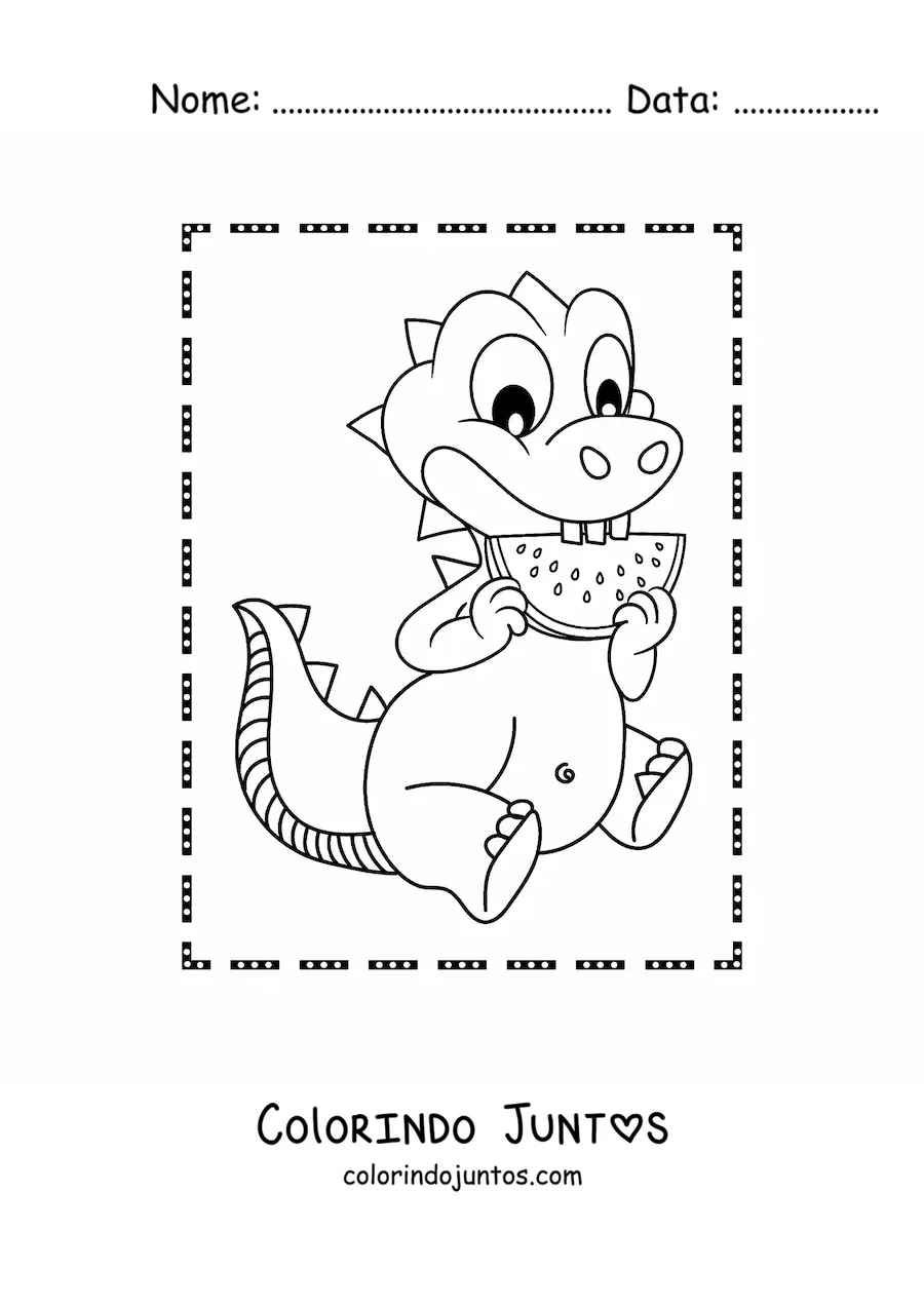 Desenho para colorir de dinossauro bebê animado comendo melancia