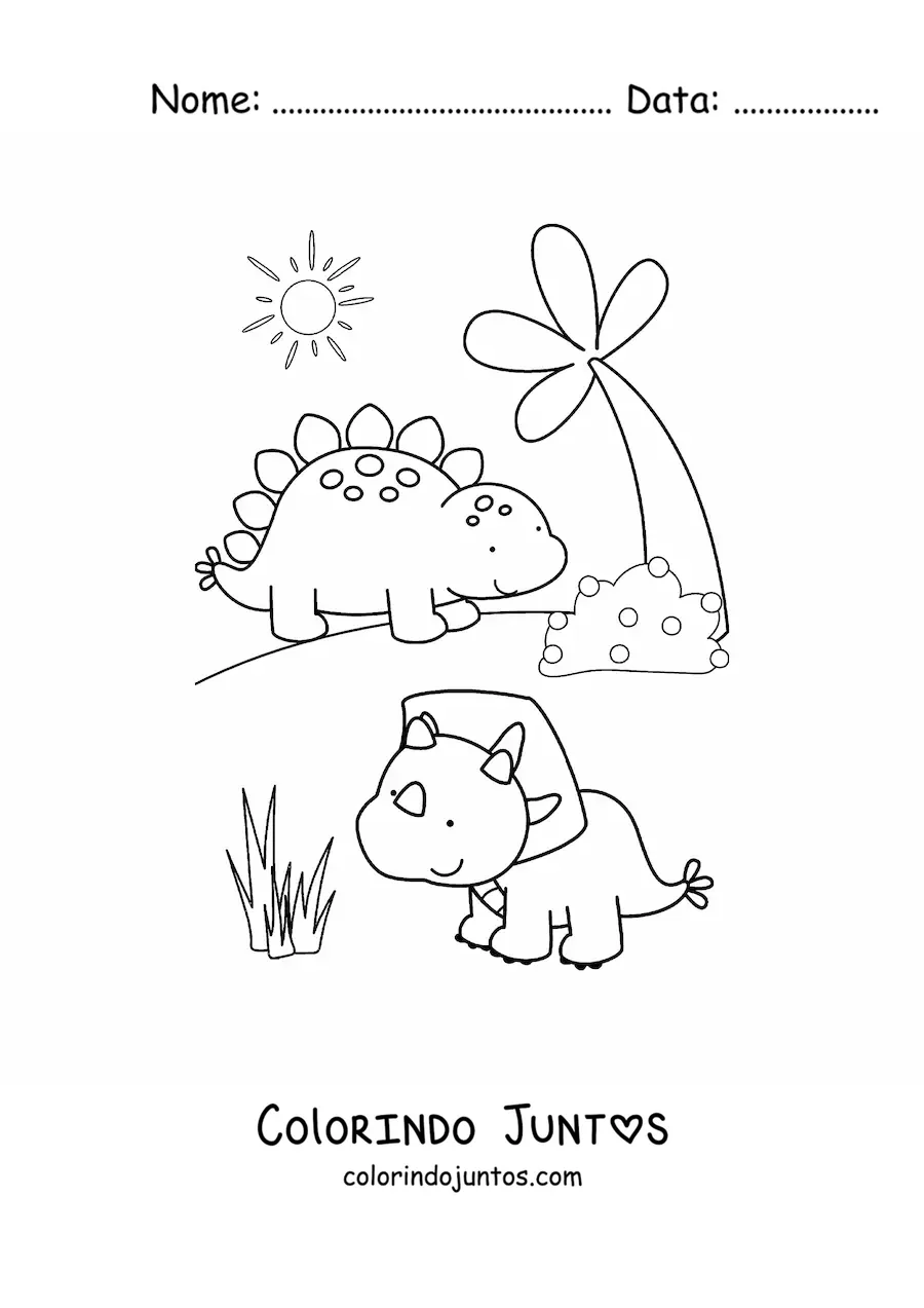 Desenho para colorir de dinossauros bebês bonitos em seu habitat