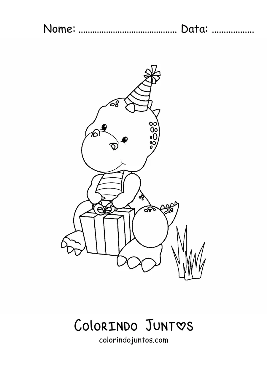 Desenho para colorir de dinossauros bebês bonitos t rex com presente de aniversário