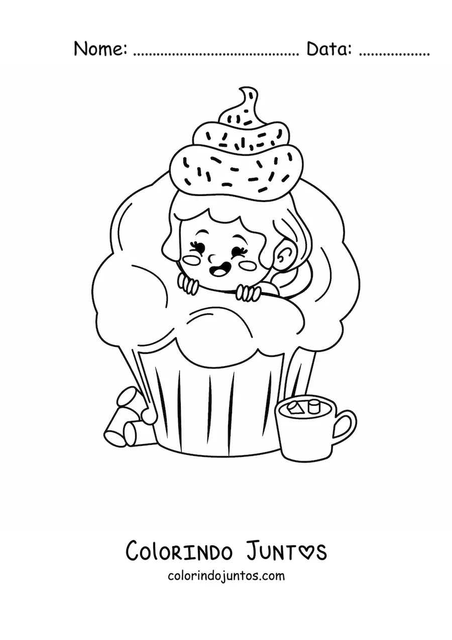 Desenho para colorir de uma menina dentro de um cupcake com glace sobre a cabeca