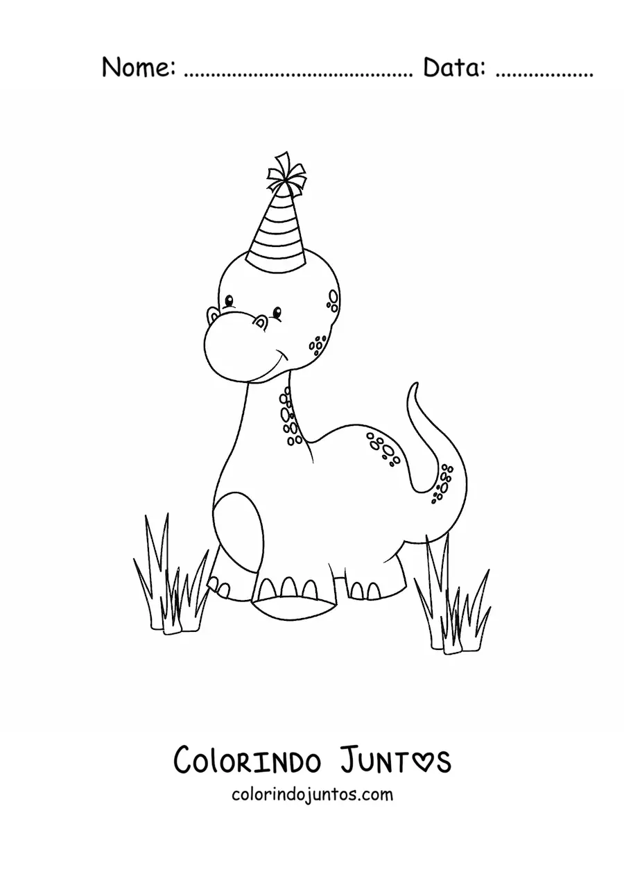 Desenho para colorir de dinossauros bebês bonitos de pescoço longo com chapéu de aniversário