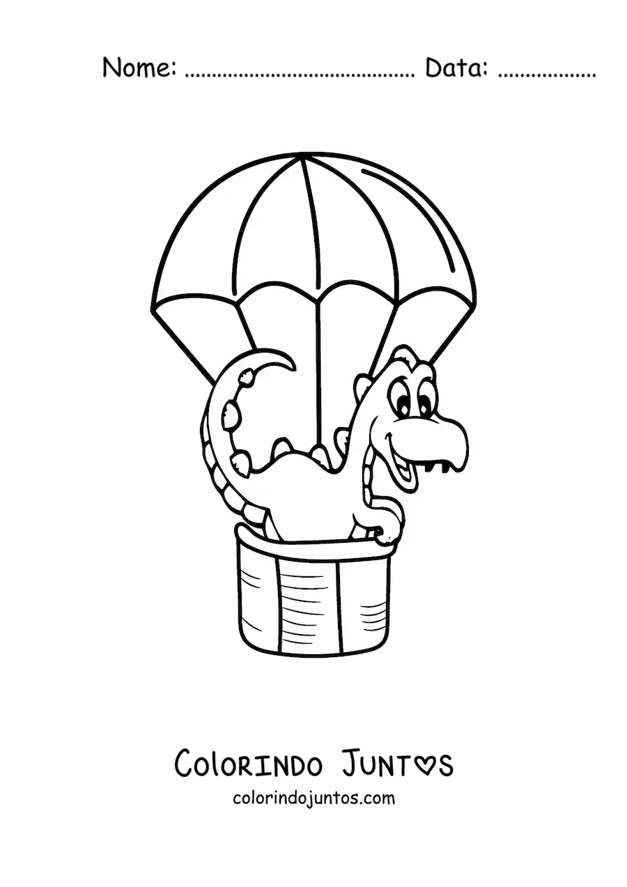 Desenho para colorir de dinossauro bebê kawaii em um balão de ar quente