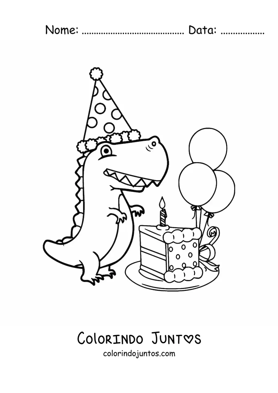 Desenho para colorir de dinossauro bebê tiranossauro com bolo de aniversário