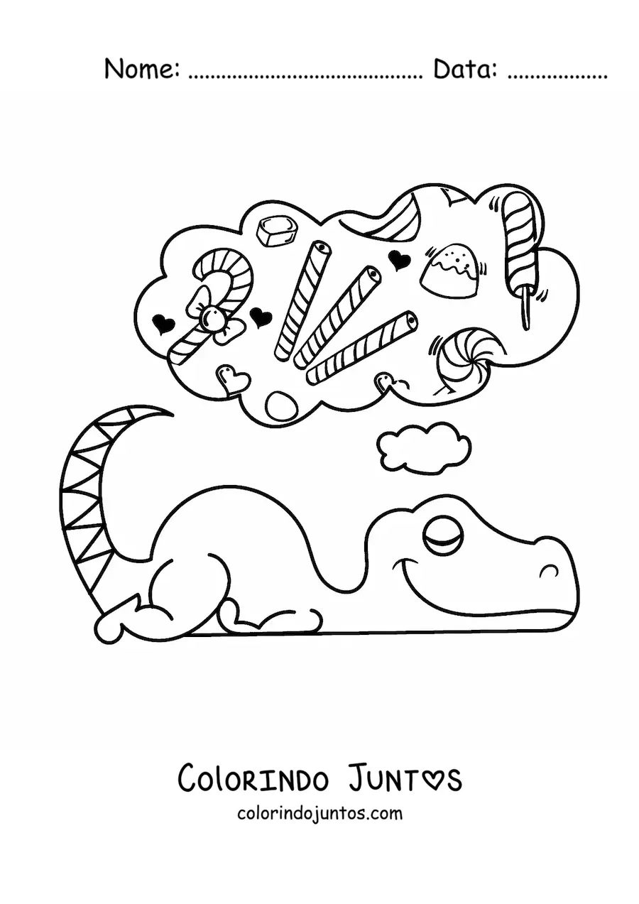Desenho para colorir de dinossauro bebê animado adormecido sonhando com doces
