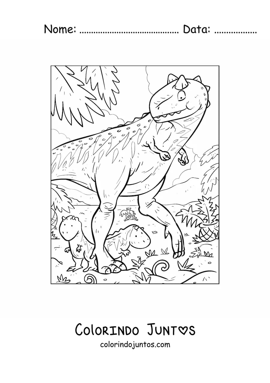 Desenho para colorir de dinossauros bebês realistas com a mamãe