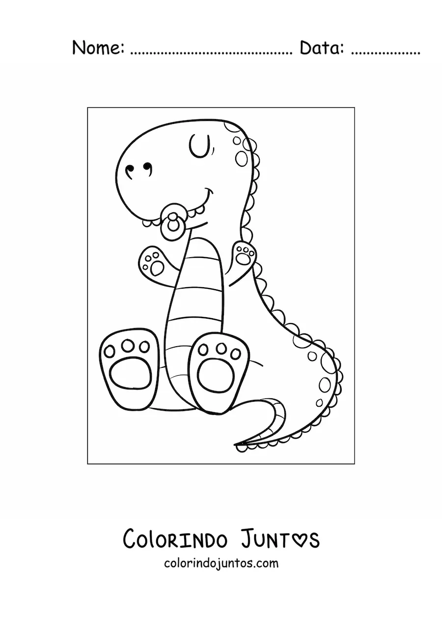 Desenho para colorir de dinossauro bebê fofo sentado com chupeta