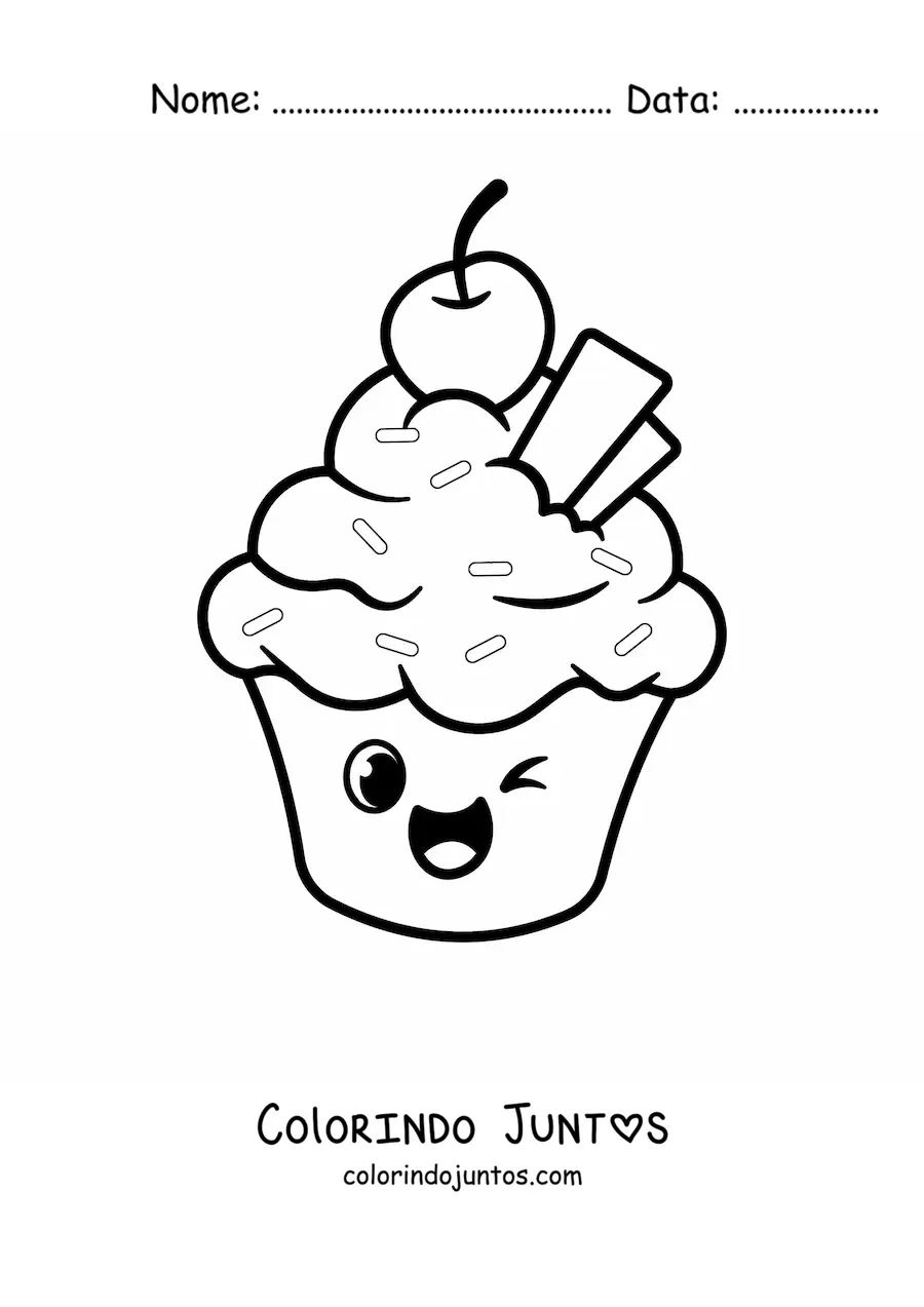 Desenho para colorir de um cupcake animado com uma cereja
