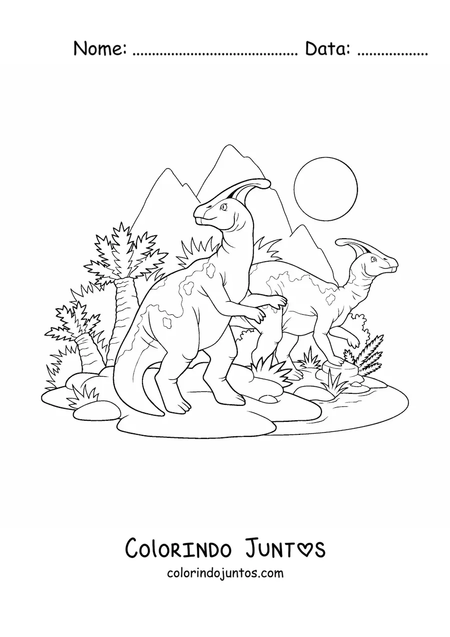 Desenho para colorir de dinossauros herbívoros juntos em seu habitat