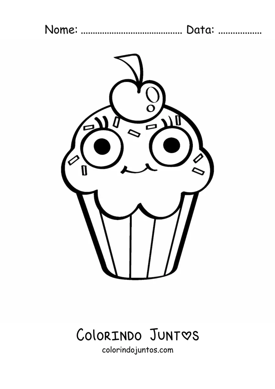 Desenho para colorir de um cupcake animado com uma cereja
