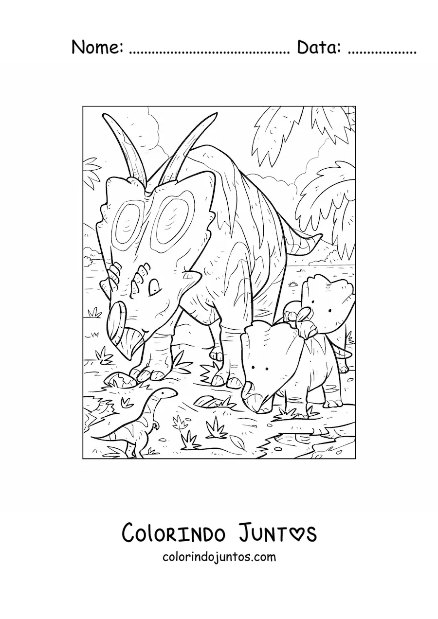 Desenho para colorir de pachyrhinosaurus herbívoro animado com seus filhotes