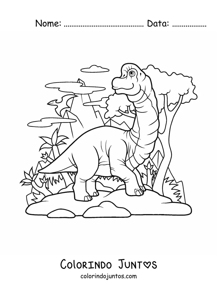 Desenho para colorir de brachiosaurus herbívoro animado em seu habitat