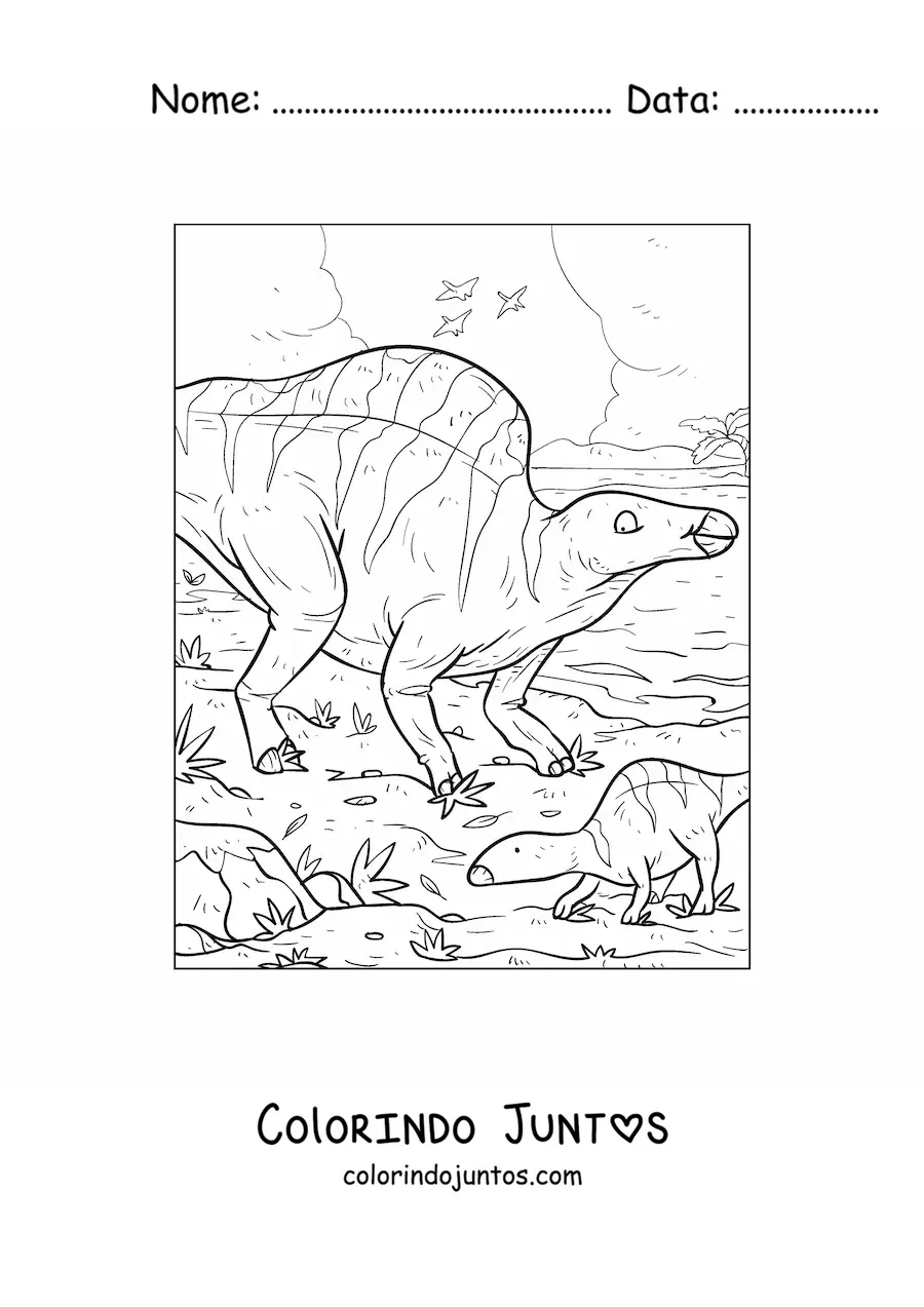 Desenho para colorir de dinossauro morelladon herbívoro animado com seus filhotes