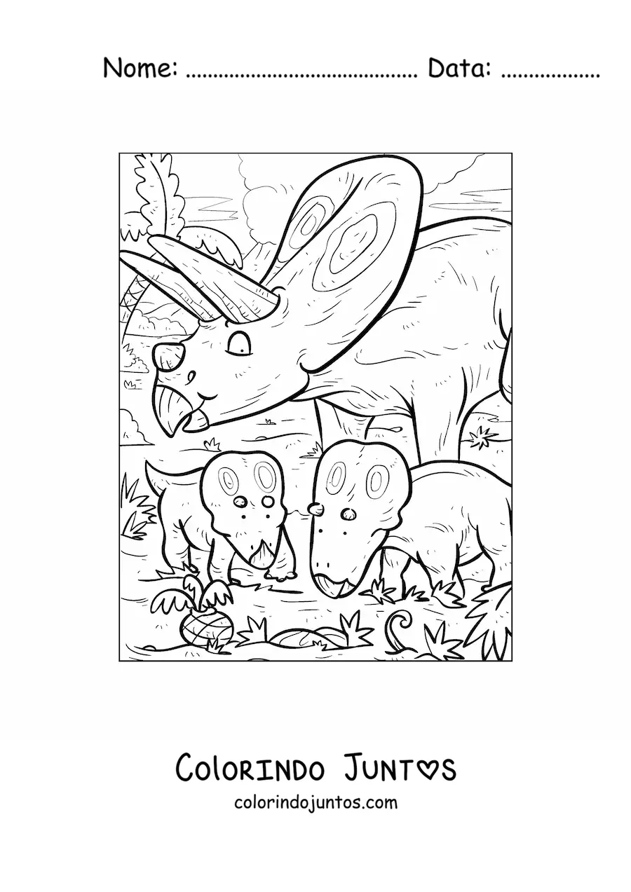 Desenho para colorir de torosaurus herbívoro animado com seus filhotes