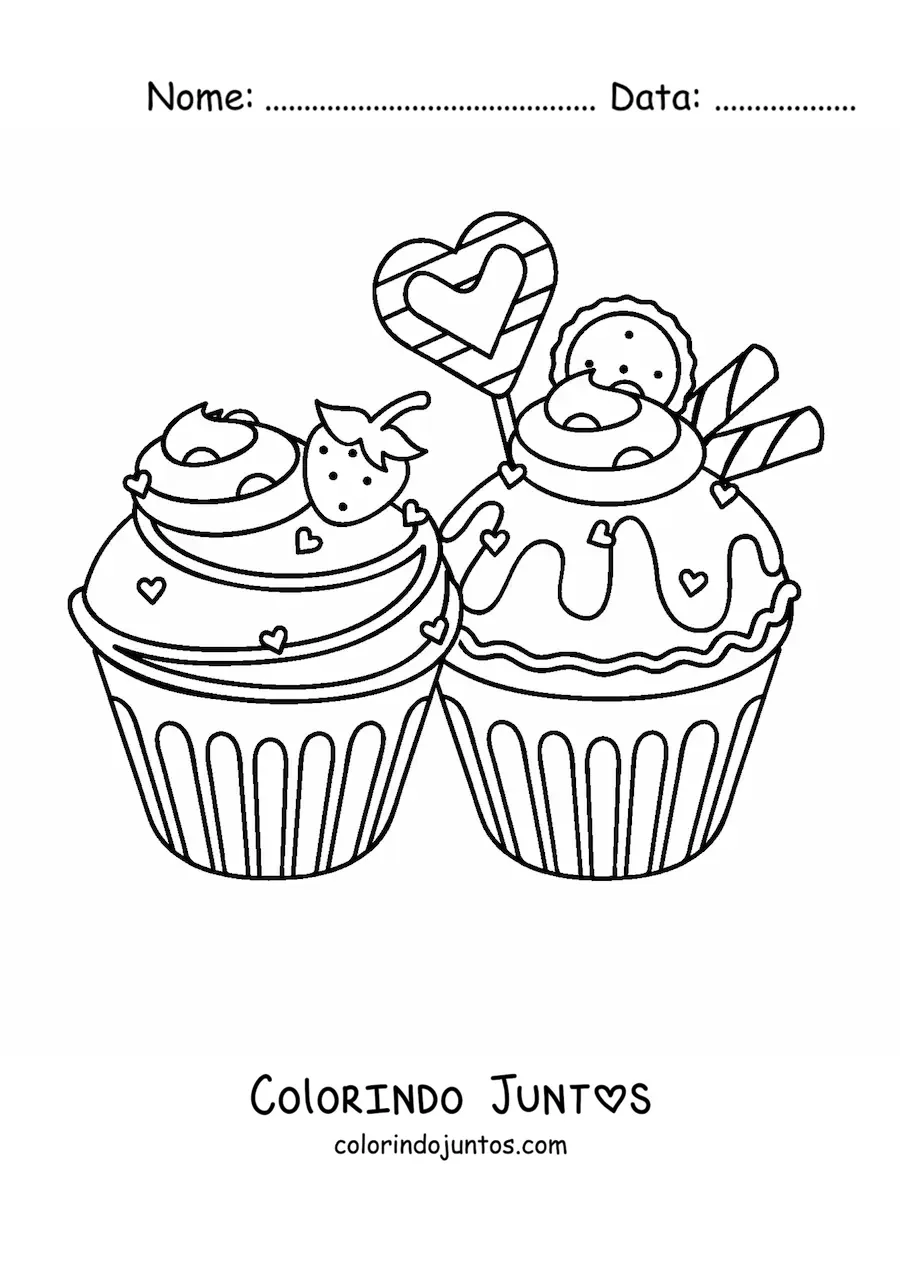 Desenho para colorir de dois cupcakes com coracoes e um morango