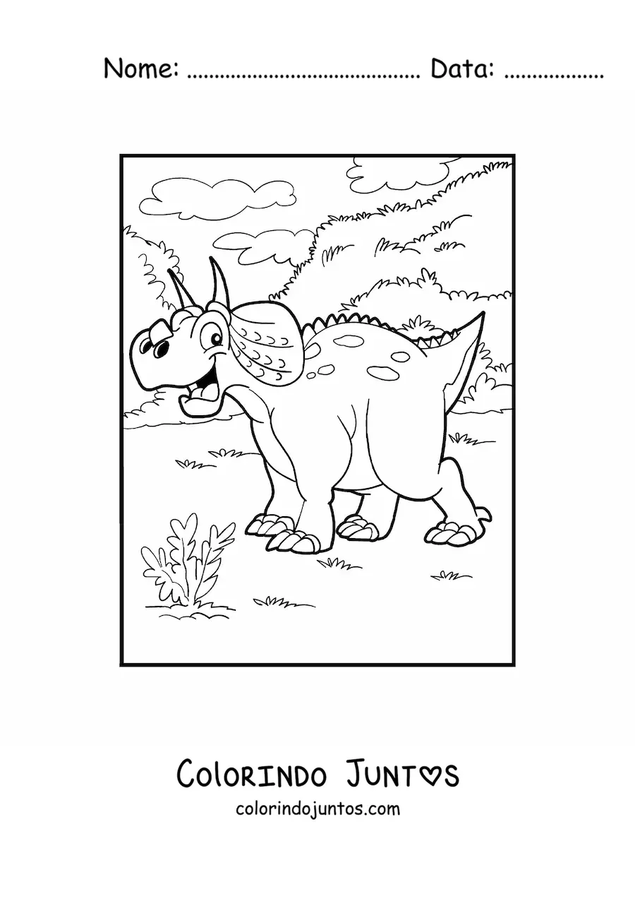 Desenho para colorir de dinossauro herbívoro animado em seu habitat