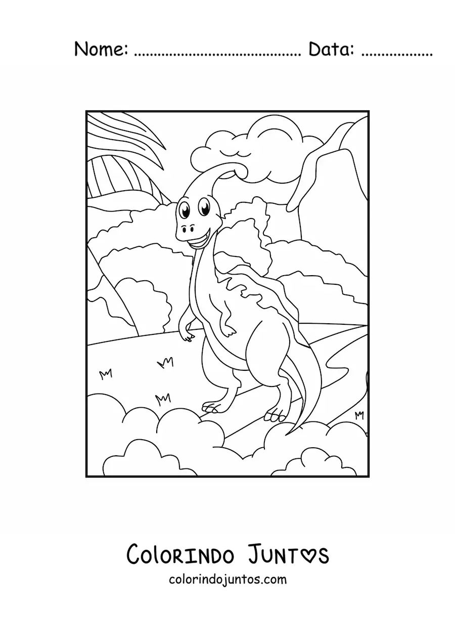 Desenho para colorir de dinossauro herbívoro pequeno animado em seu habitat